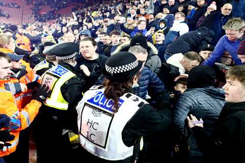 Man City face FA probe as three fans hauled off pitch and others fight with police in stands during ..