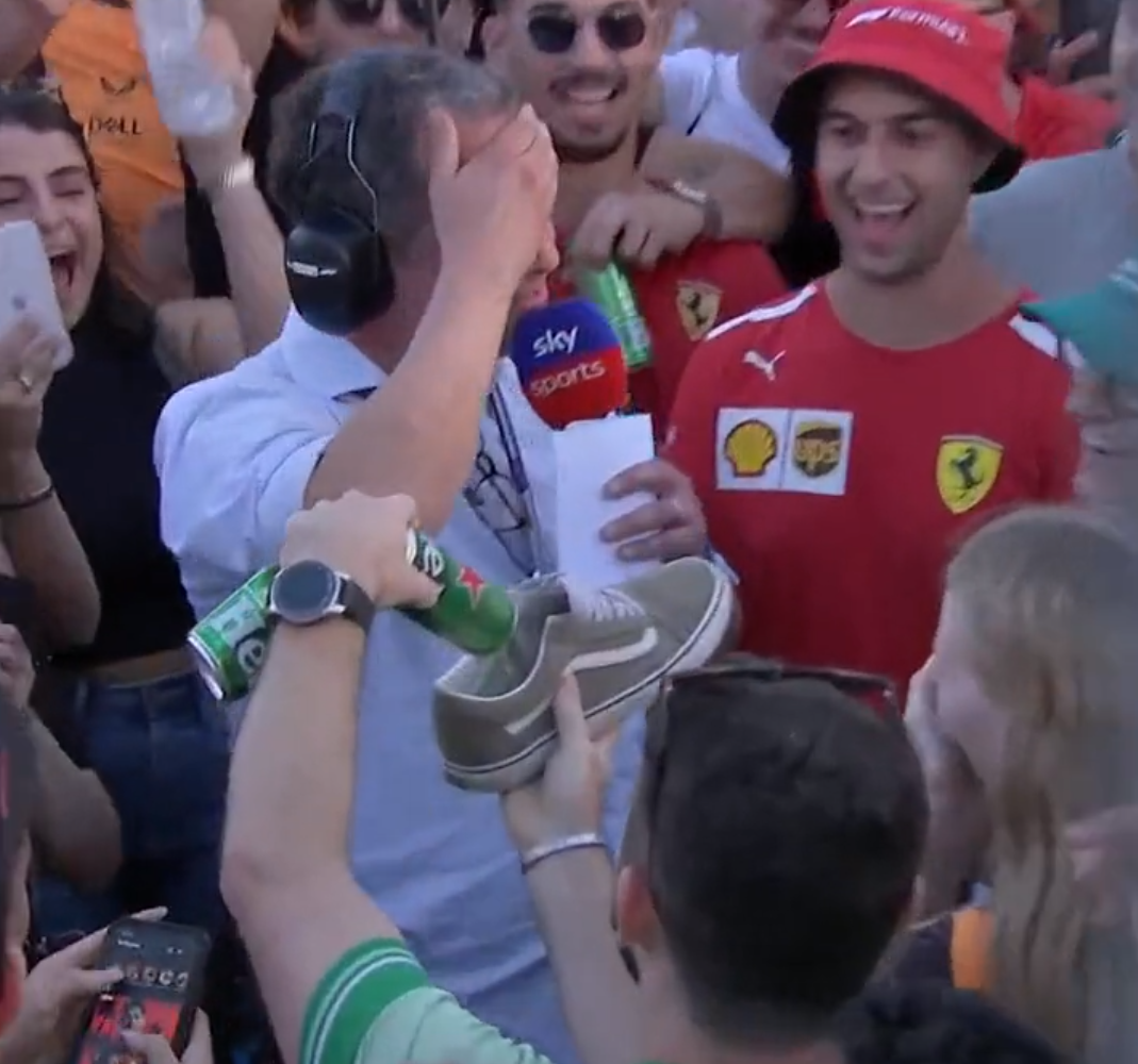Watch Sky F1 pundit Ted Kravitz drink beer from fan’s SHOE live on TV after Australian Grand Prix