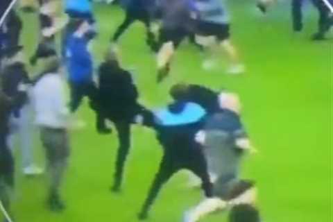 Patrick Vieira KICKS Everton fan to ground after supporter abuses him during pitch invasion..
