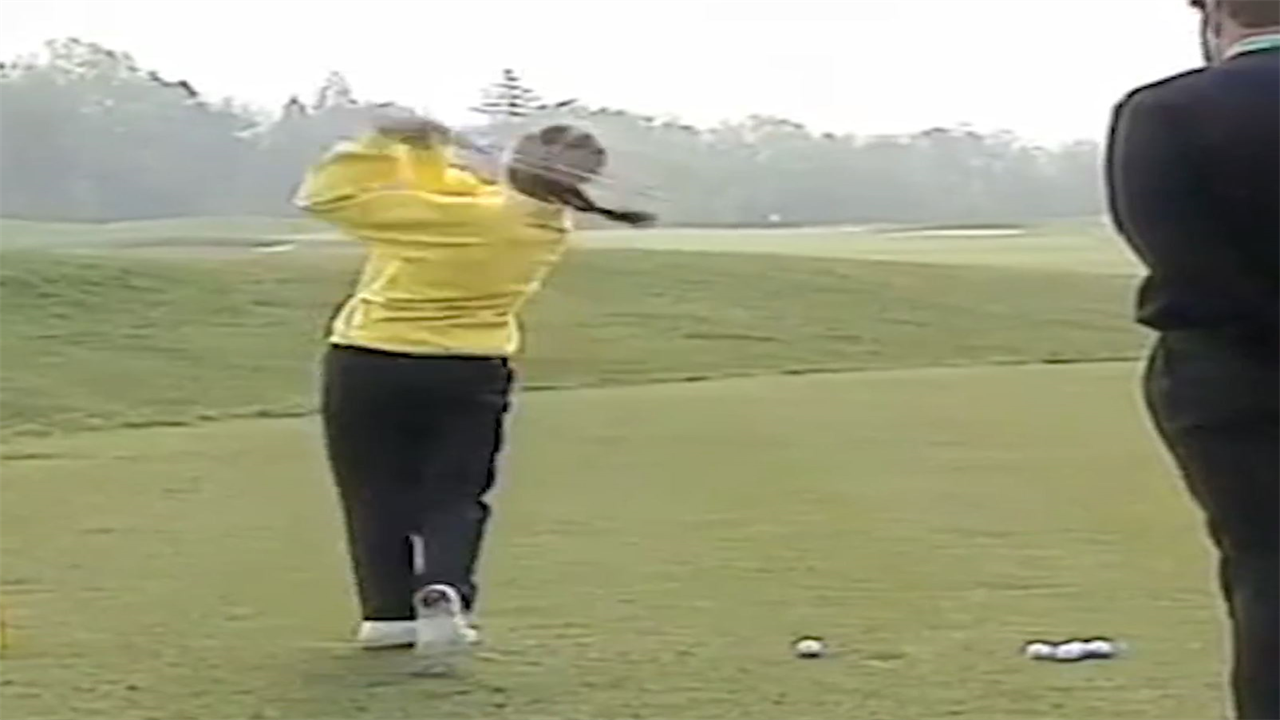 Watch unrecognisable Kirsty Gallacher accidentally smack golf ball off Nick Faldo in amazing throwback video