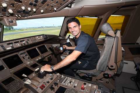 Mikel Arteta sits in cockpit of Arsenal’s private jet before stars are swarmed by fans as they..