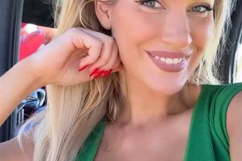 Paige Spiranac nearly bursts out of extremely low-cut green top as she flashes cheeky smile at..