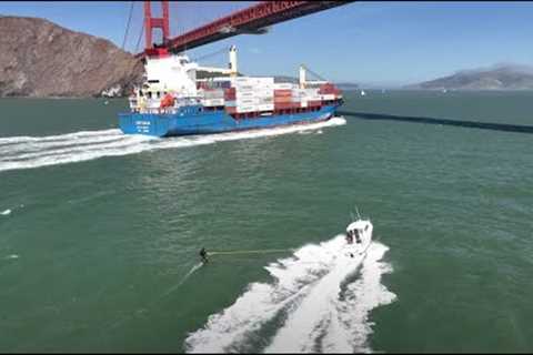 Foil Surfing a Cargo Ship Wave under the Golden Gate Bridge