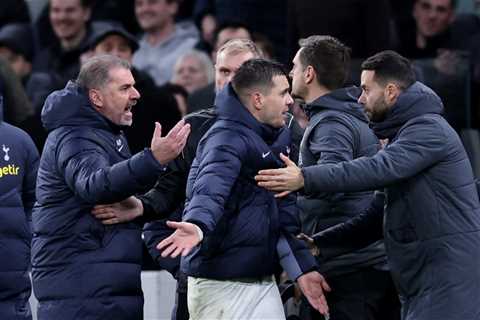 Furious Ange Postecoglou held back in heated row with Bournemouth staff as Spurs close gap on..